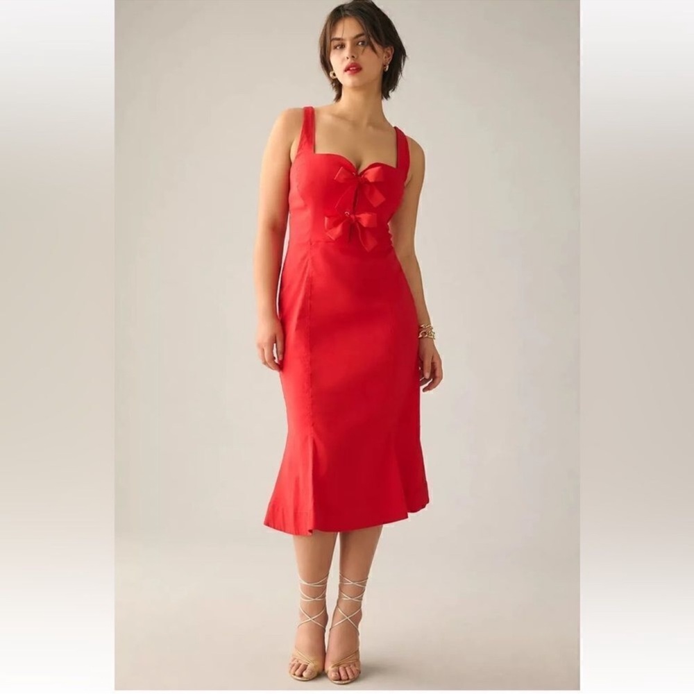 Anthropologie Red Ruched Sweetheart Midi Dress